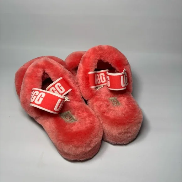 UGG Oh Yeah Fluff Womens Size 10 Coral Sheepskin Slingback Slippers Shoe - Picture 3 of 9
